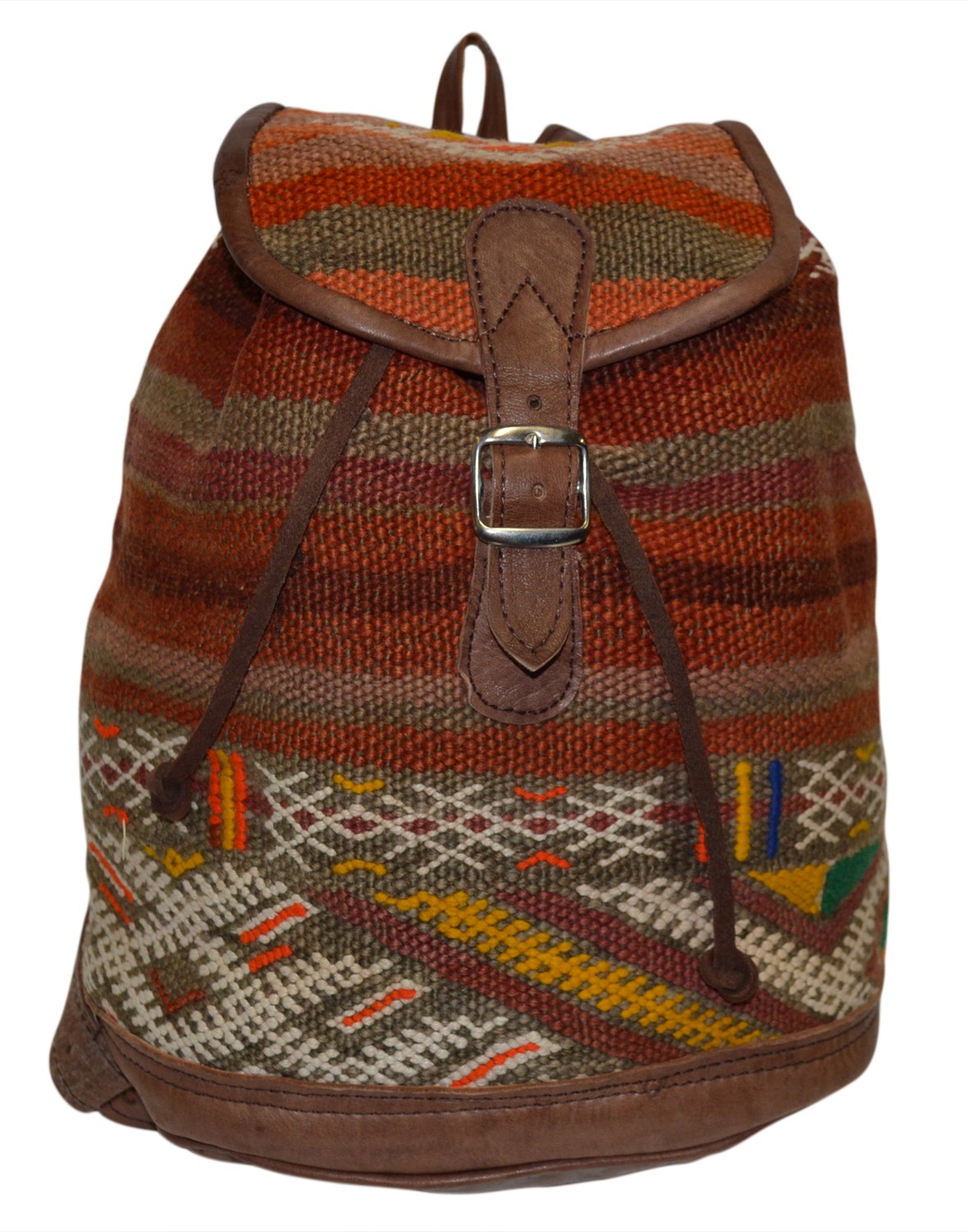 Moroccan Kilim Leather Backpack Brown with Orange Striped Kilim