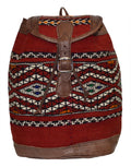 Moroccan Kilim Leather Backpack Brown with Red Kilim