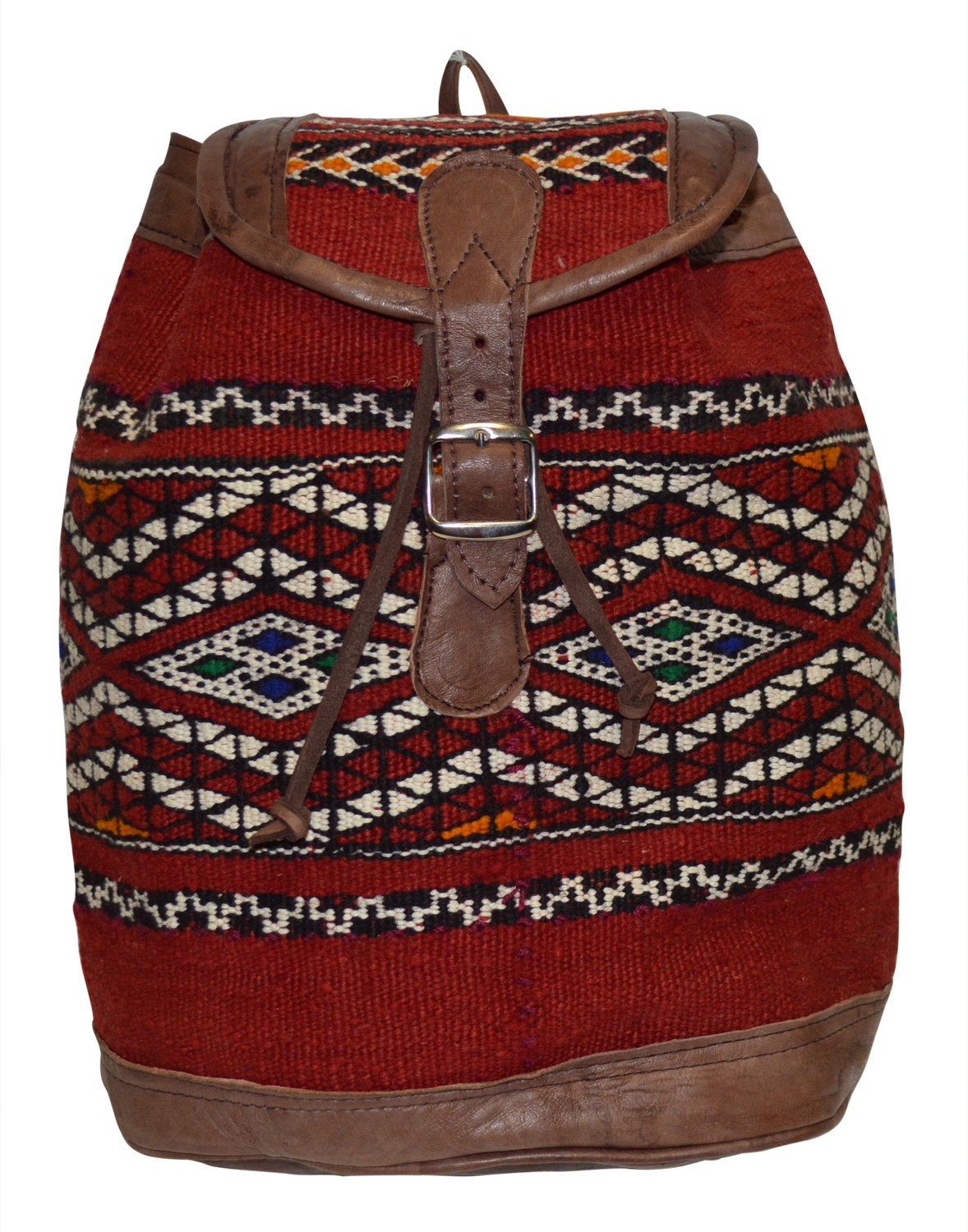 Moroccan Kilim Leather Backpack Brown with Red Kilim