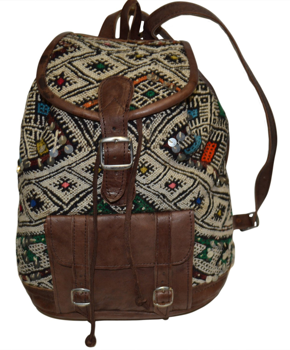 Moroccan Kilim Leather Backpack Brown with White Kilim