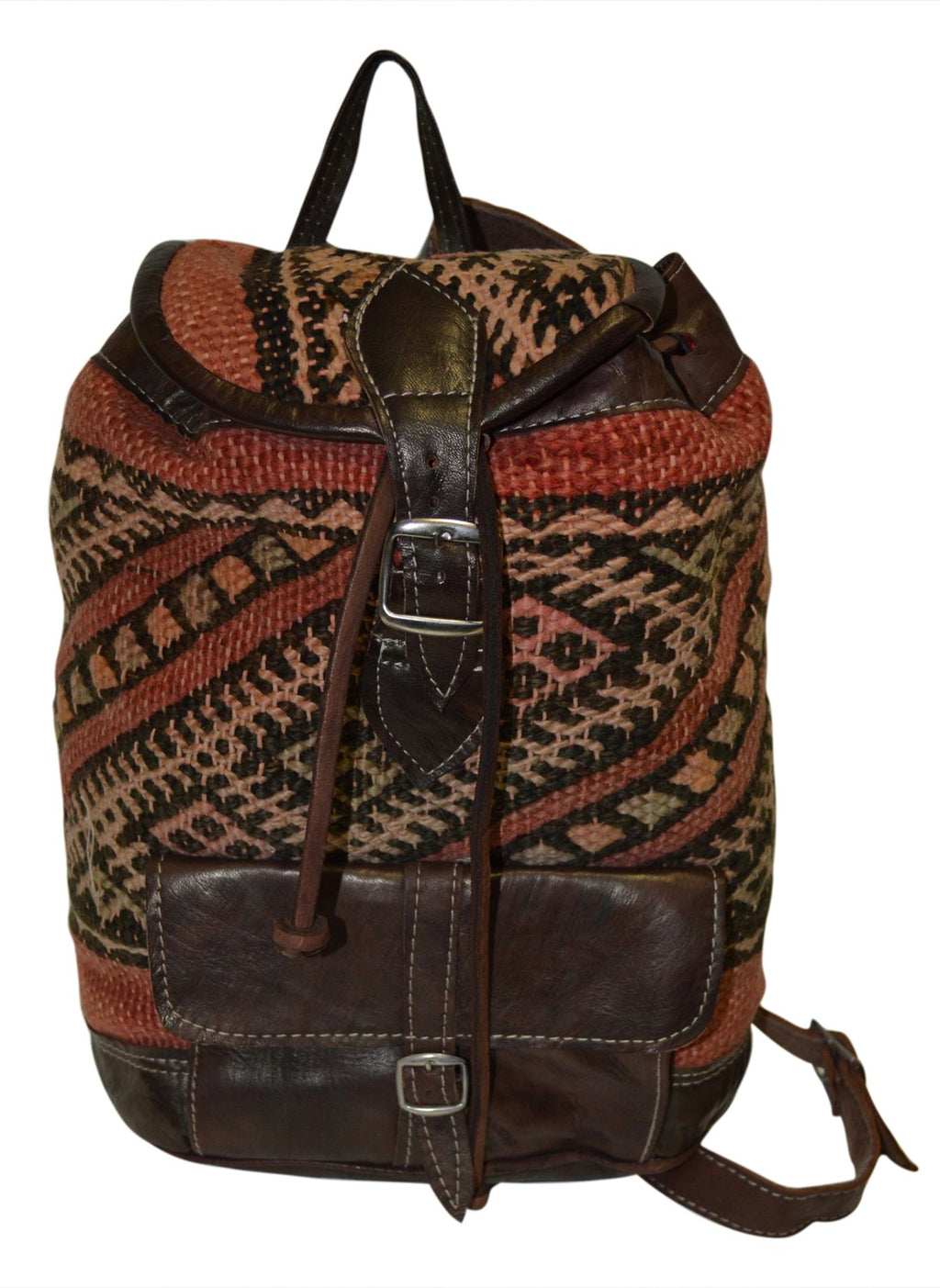 Moroccan Kilim Leather Backpack Dark Brown with Rust Kilim