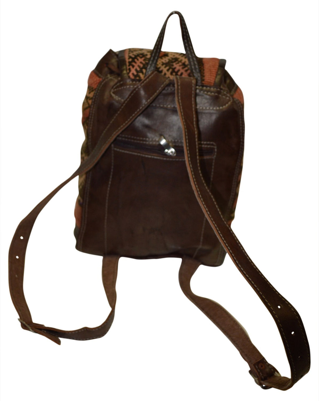 Moroccan Kilim Leather Backpack Dark Brown with Rust Kilim