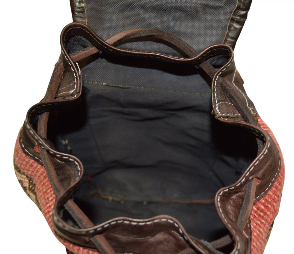 Moroccan Kilim Leather Backpack Dark Brown with Rust Kilim