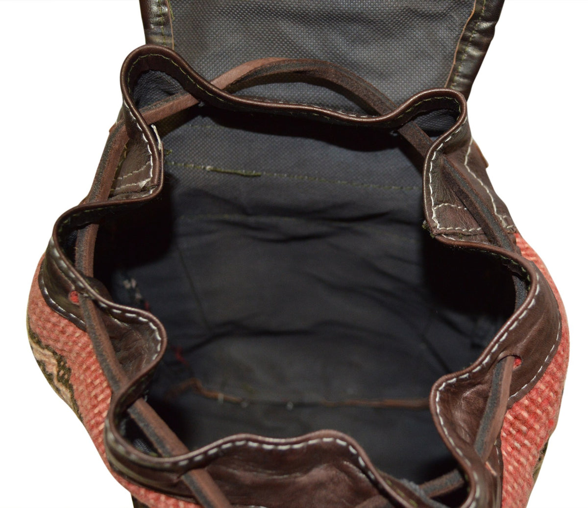 Moroccan Kilim Leather Backpack Dark Brown with Rust Kilim