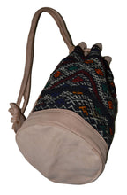 Moroccan Kilim Leather Bucket Backpack Beige with Black Kilim