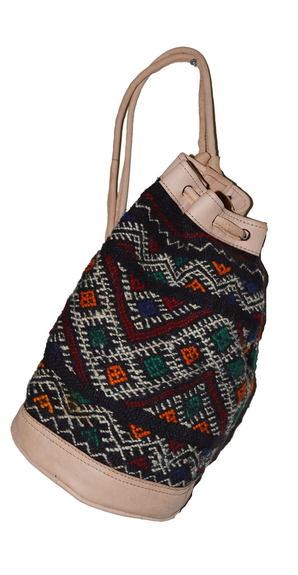 Moroccan Kilim Leather Bucket Backpack Beige with Black Kilim
