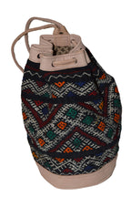 Moroccan Kilim Leather Bucket Backpack Beige with Black Kilim
