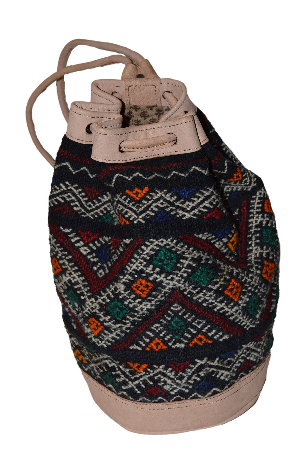 Moroccan Kilim Leather Bucket Backpack Beige with Black Kilim