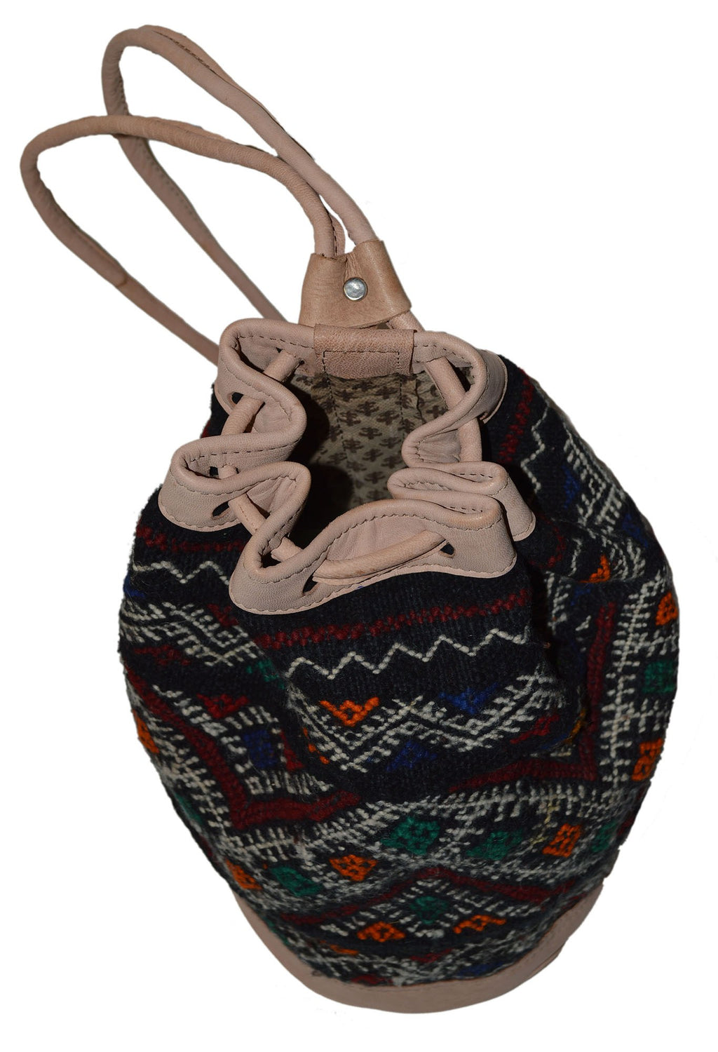 Moroccan Kilim Leather Bucket Backpack Beige with Black Kilim