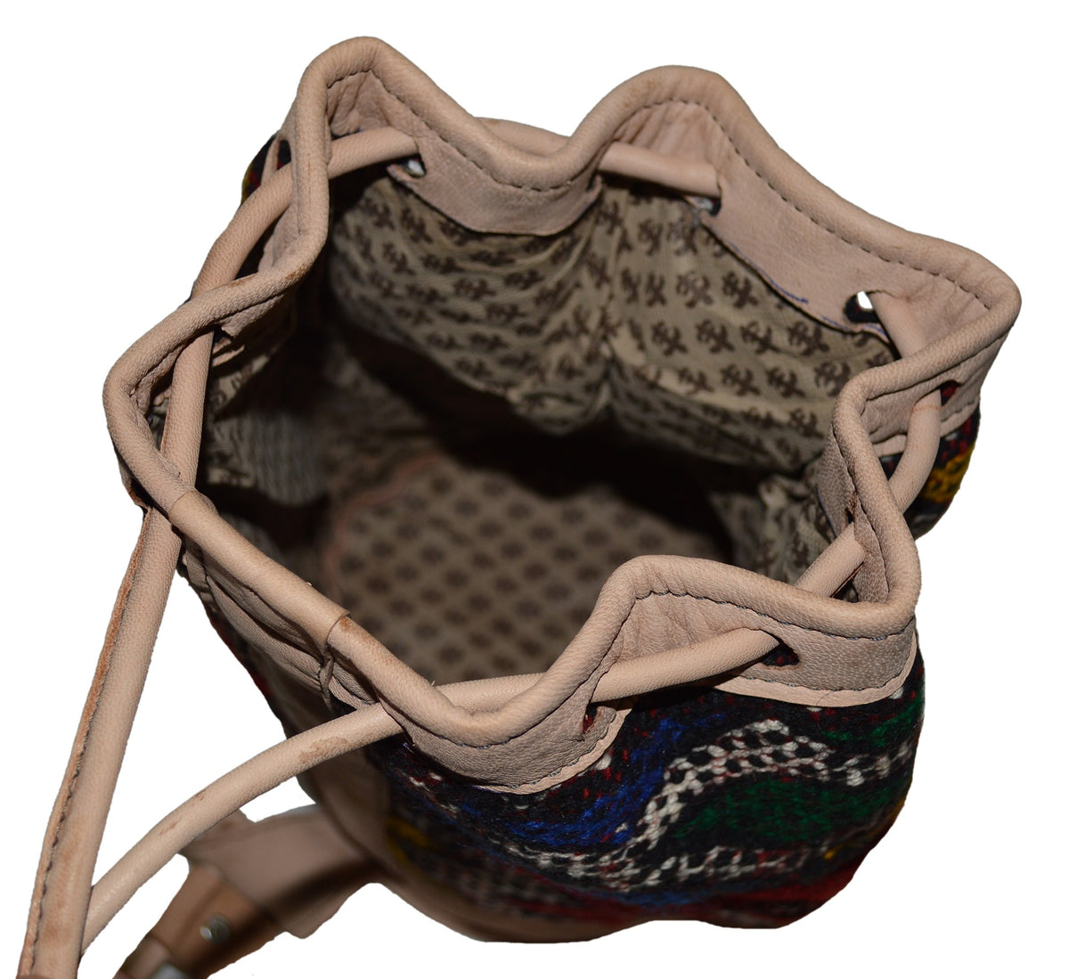Moroccan Kilim Leather Bucket Backpack Beige with Blue and Red Kilim