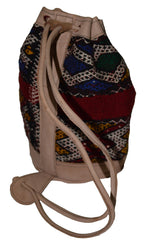 Moroccan Kilim Leather Bucket Backpack Beige with Blue and Red Kilim