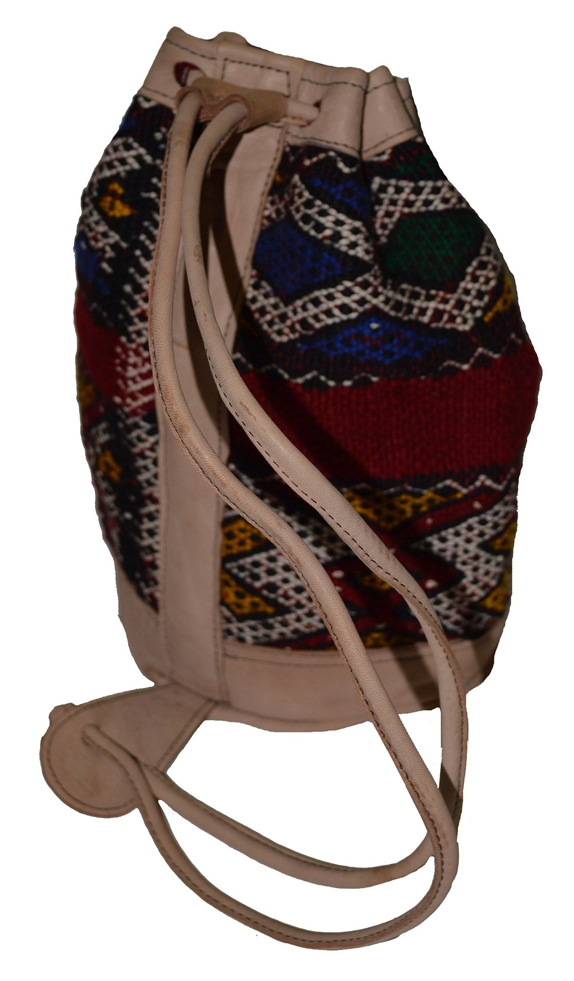 Moroccan Kilim Leather Bucket Backpack Beige with Blue and Red Kilim