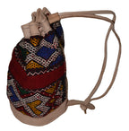 Moroccan Kilim Leather Bucket Backpack Beige with Blue and Red Kilim