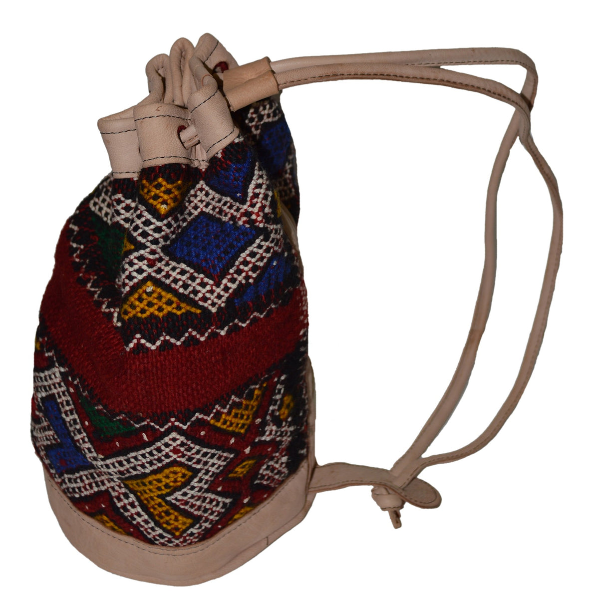 Moroccan Kilim Leather Bucket Backpack Beige with Blue and Red Kilim