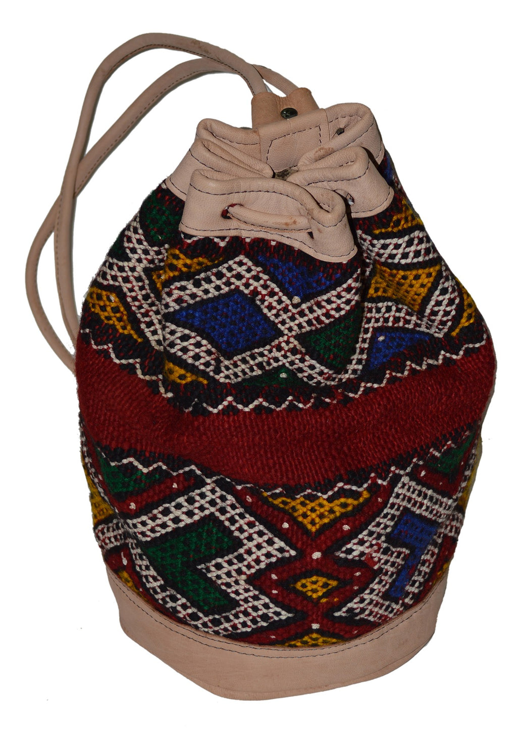 Moroccan Kilim Leather Bucket Backpack Beige with Blue and Red Kilim