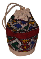 Moroccan Kilim Leather Bucket Backpack Beige with Blue and Red Kilim