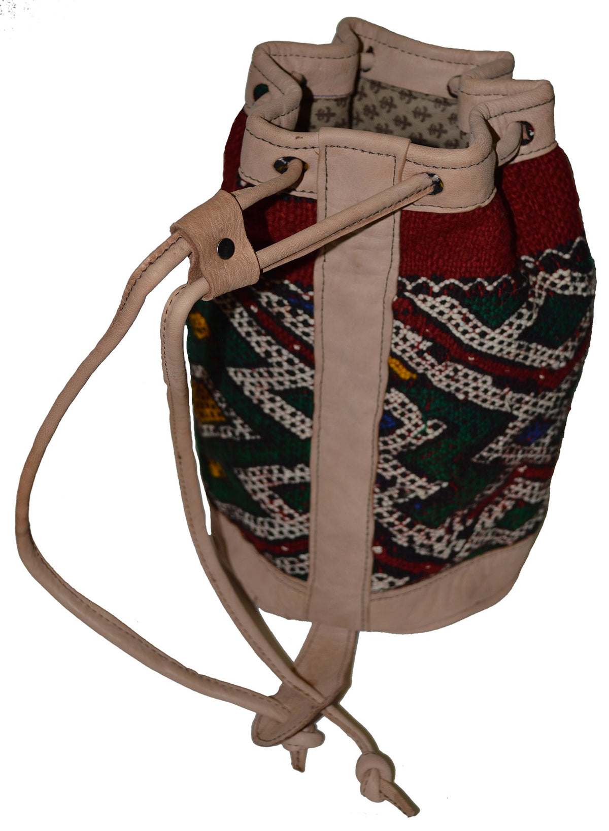 Moroccan Kilim Leather Bucket Backpack Beige with Green and Red Kilim