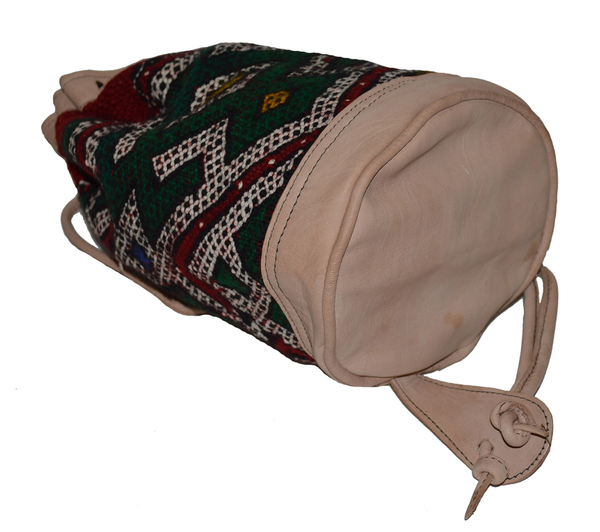 Moroccan Kilim Leather Bucket Backpack Beige with Green and Red Kilim