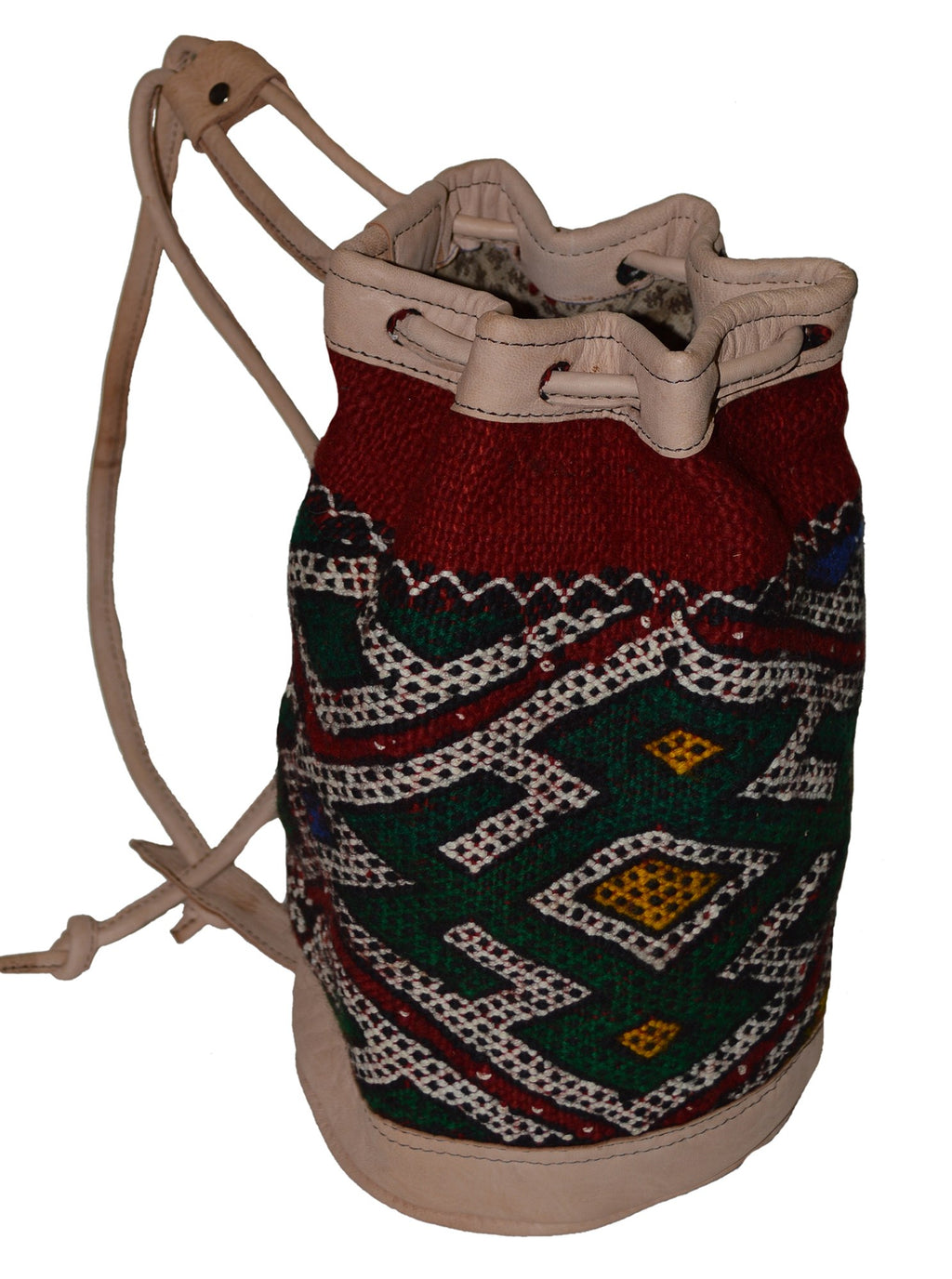 Moroccan Kilim Leather Bucket Backpack Beige with Green and Red Kilim