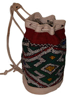 Moroccan Kilim Leather Bucket Backpack Beige with Green and Red Kilim