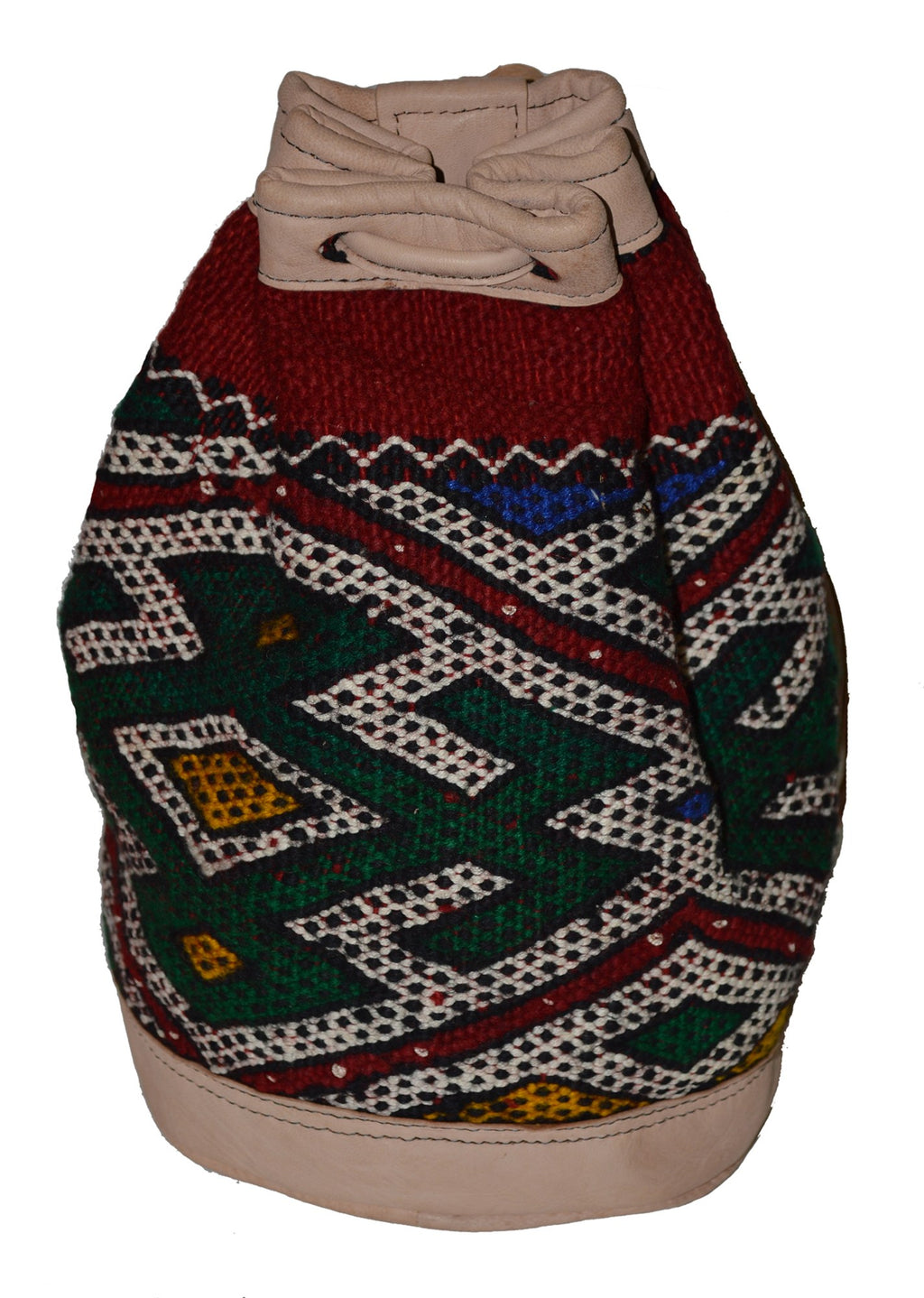 Moroccan Kilim Leather Bucket Backpack Beige with Green and Red Kilim