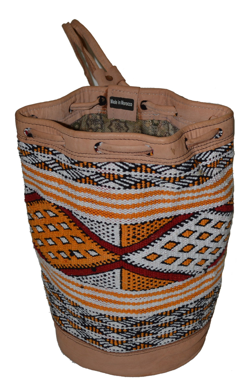 Moroccan Kilim Leather Bucket Backpack Beige with Orange Kilim