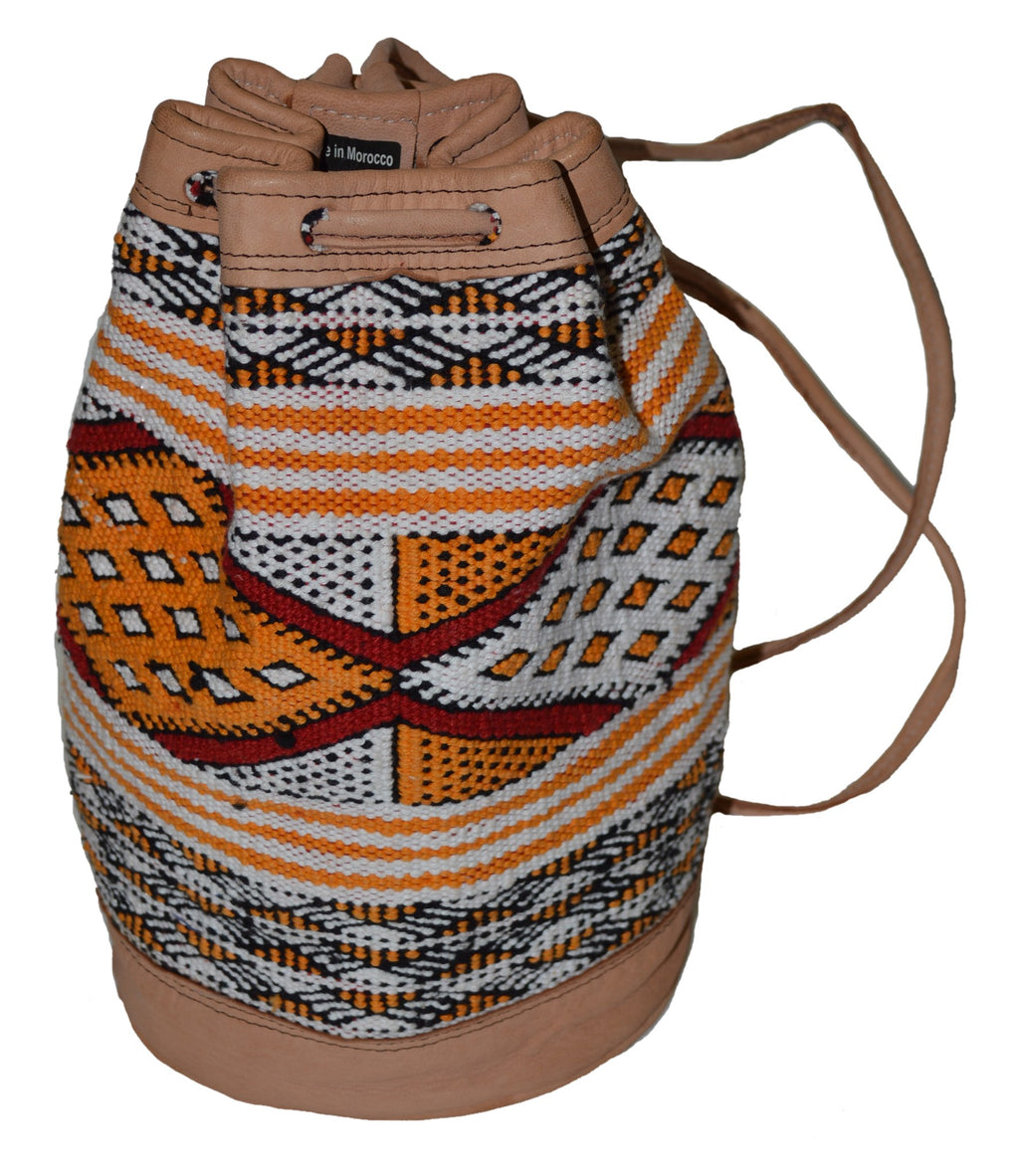 Moroccan Kilim Leather Bucket Backpack Beige with Orange Kilim