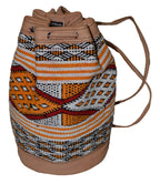 Moroccan Kilim Leather Bucket Backpack Beige with Orange Kilim