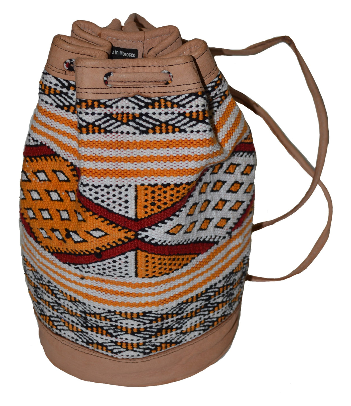 Moroccan Kilim Leather Bucket Backpack Beige with Orange Kilim