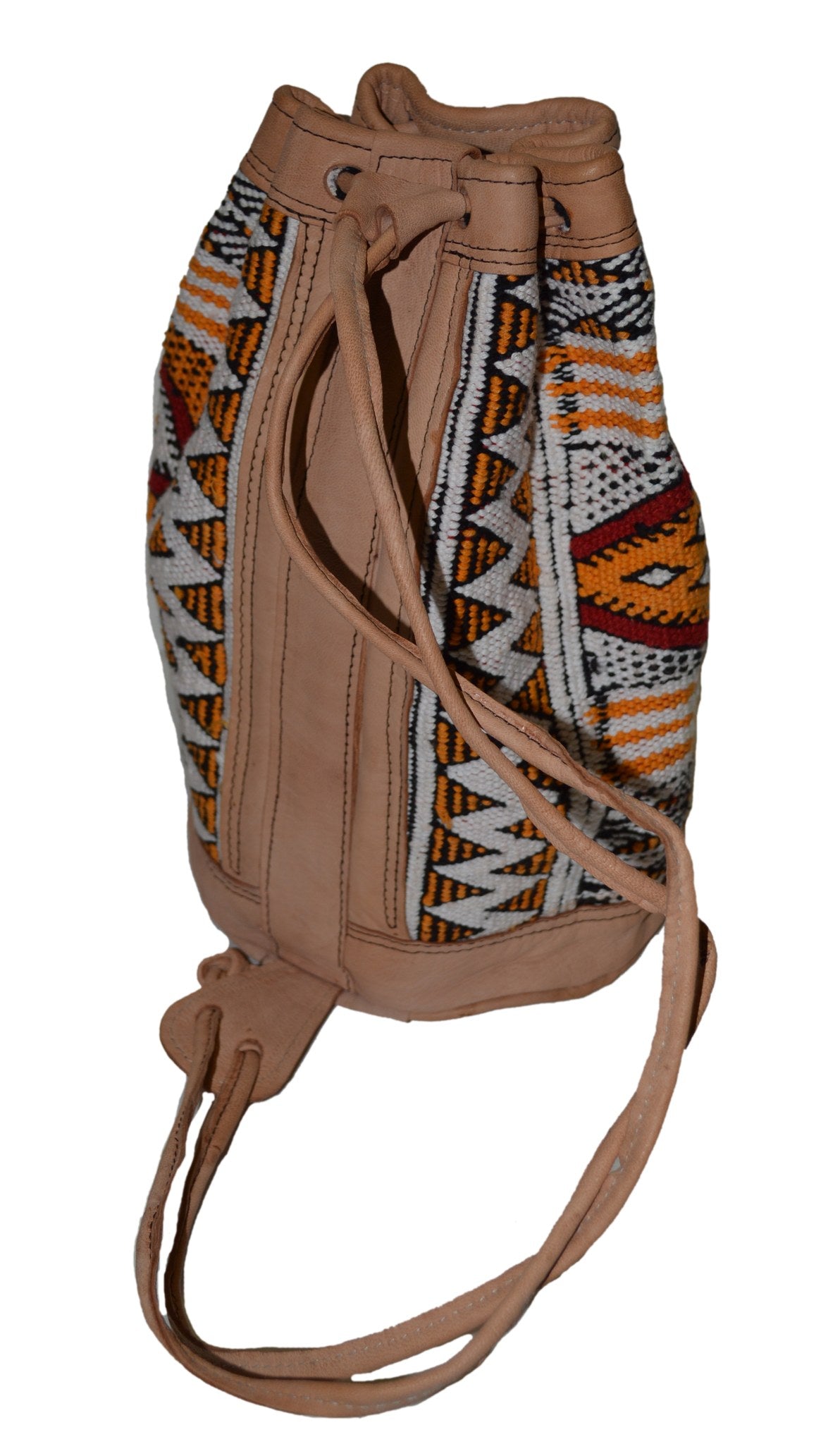 Moroccan Kilim Leather Bucket Backpack Beige with Orange Kilim
