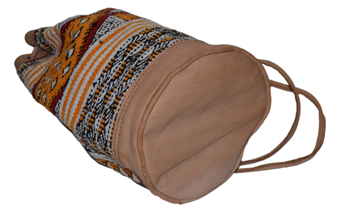 Moroccan Kilim Leather Bucket Backpack Beige with Orange Kilim