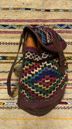Moroccan Leather Backpack with Multicolor Kilim