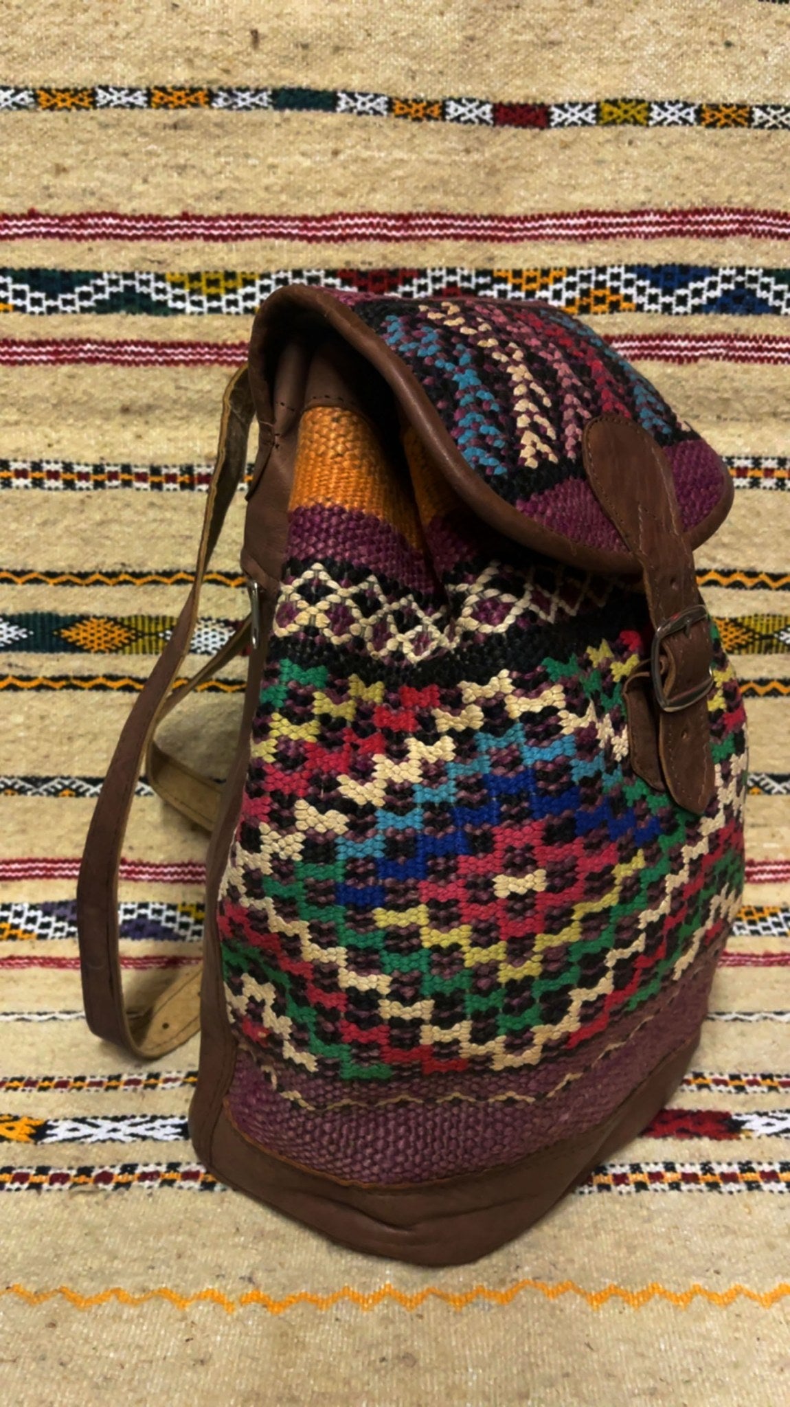 Moroccan Leather Backpack with Multicolor Kilim