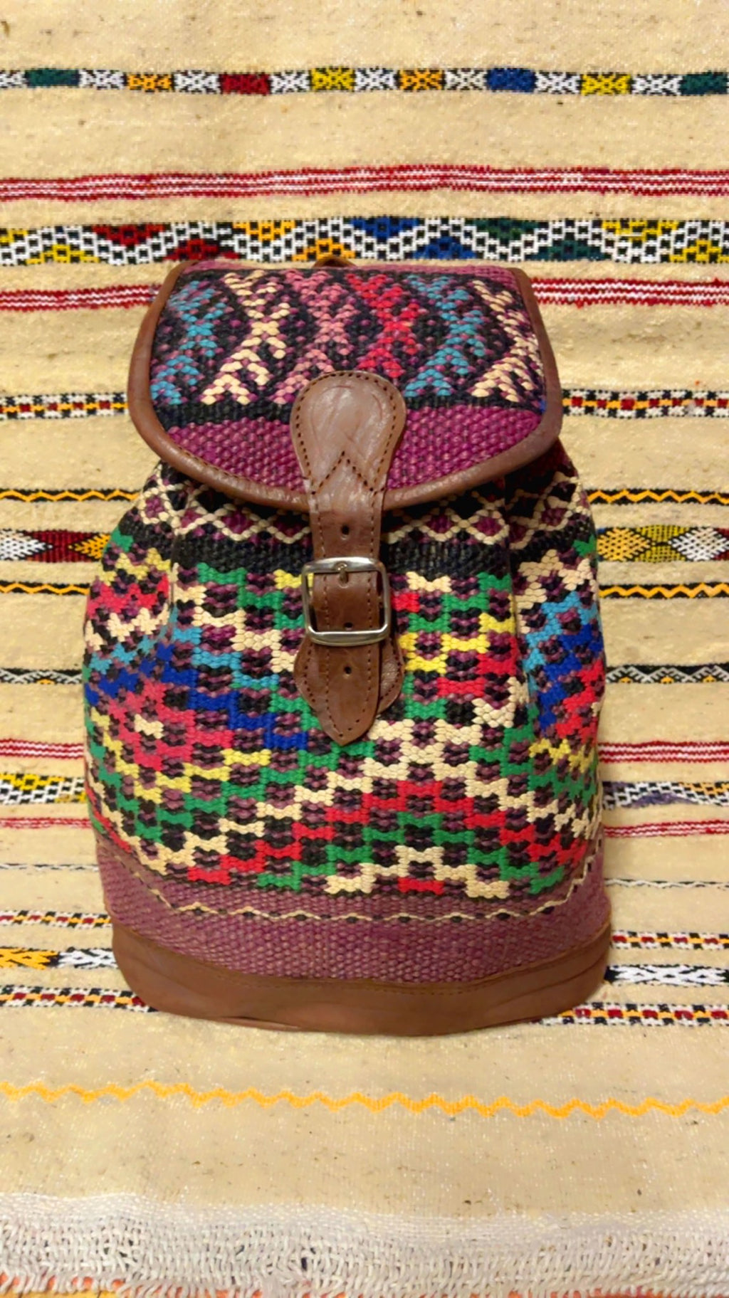 Moroccan Leather Backpack with Multicolor Kilim