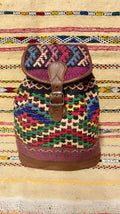 Moroccan Leather Backpack with Multicolor Kilim