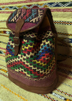 Moroccan Leather Backpack with Multicolor Kilim