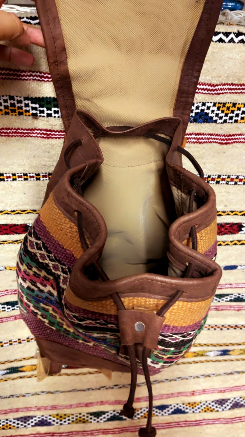 Moroccan Leather Backpack with Multicolor Kilim
