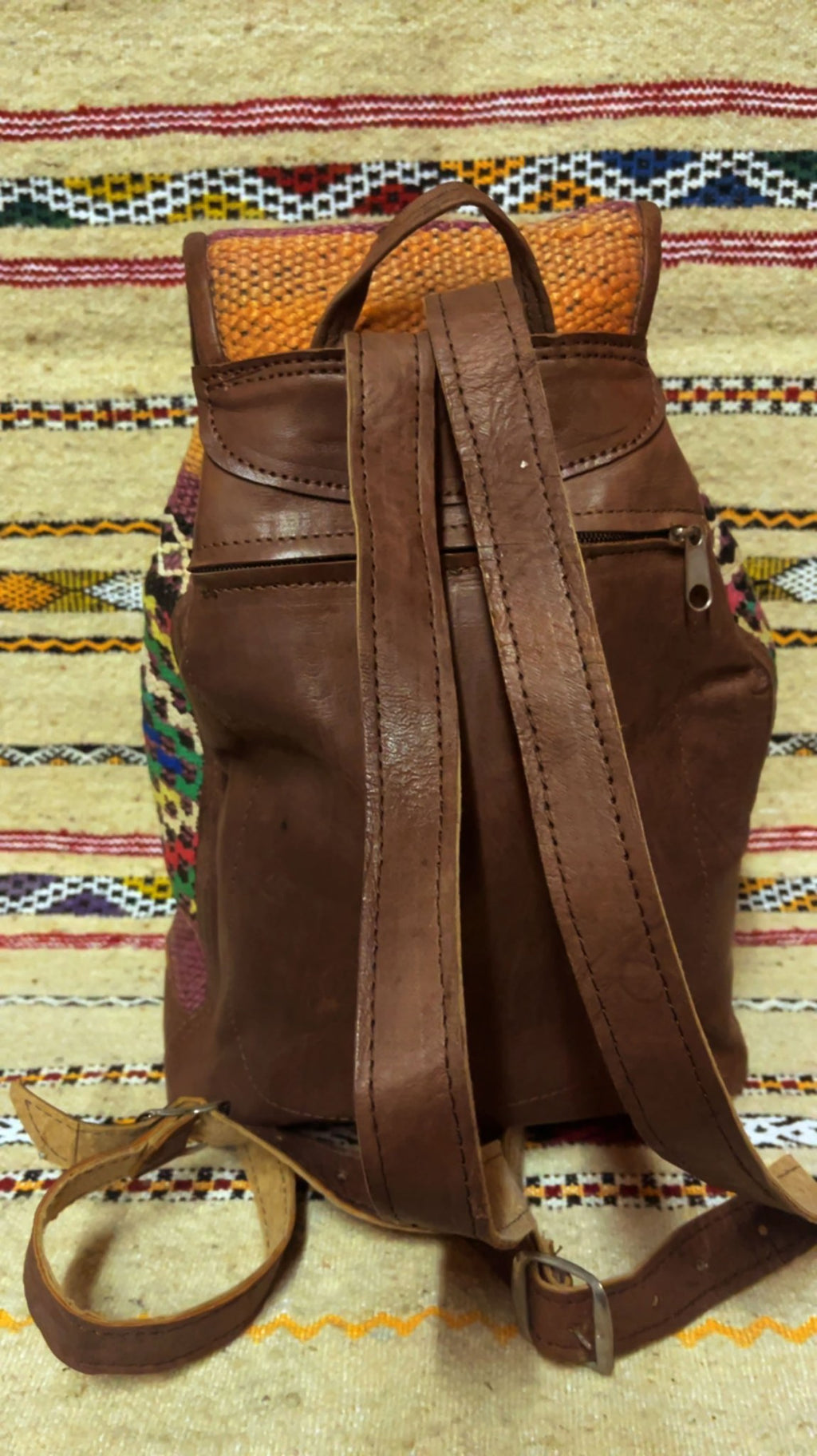 Moroccan Leather Backpack with Multicolor Kilim