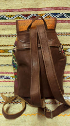 Moroccan Leather Backpack with Multicolor Kilim