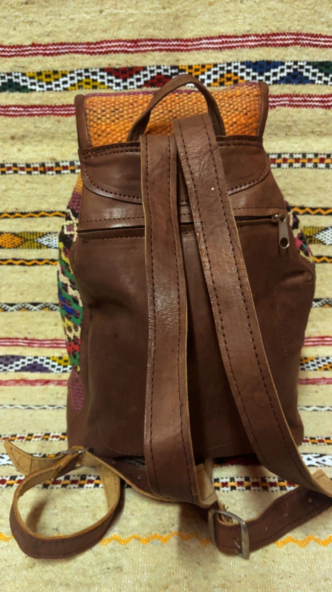 Moroccan Leather Backpack with Multicolor Kilim