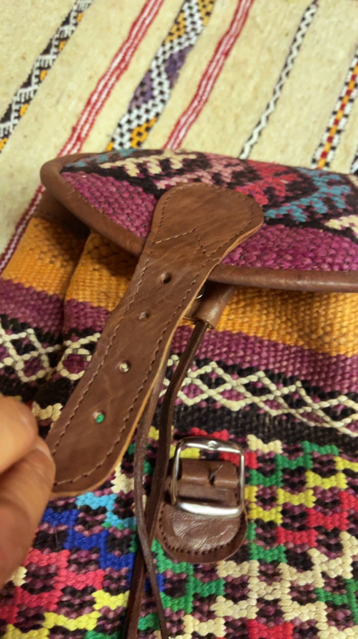 Moroccan Leather Backpack with Multicolor Kilim