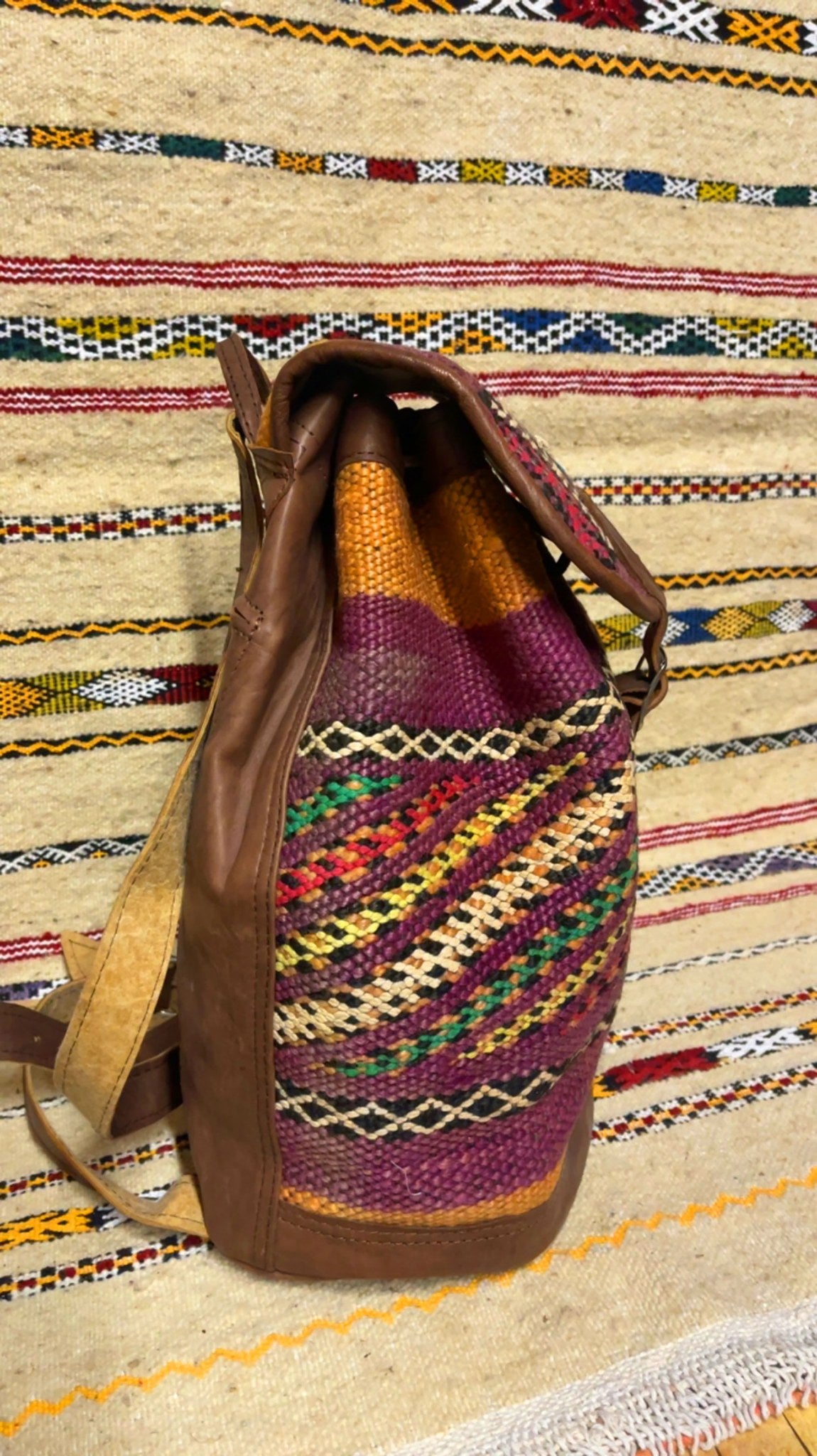 Moroccan Leather Backpack with Purple Kilim
