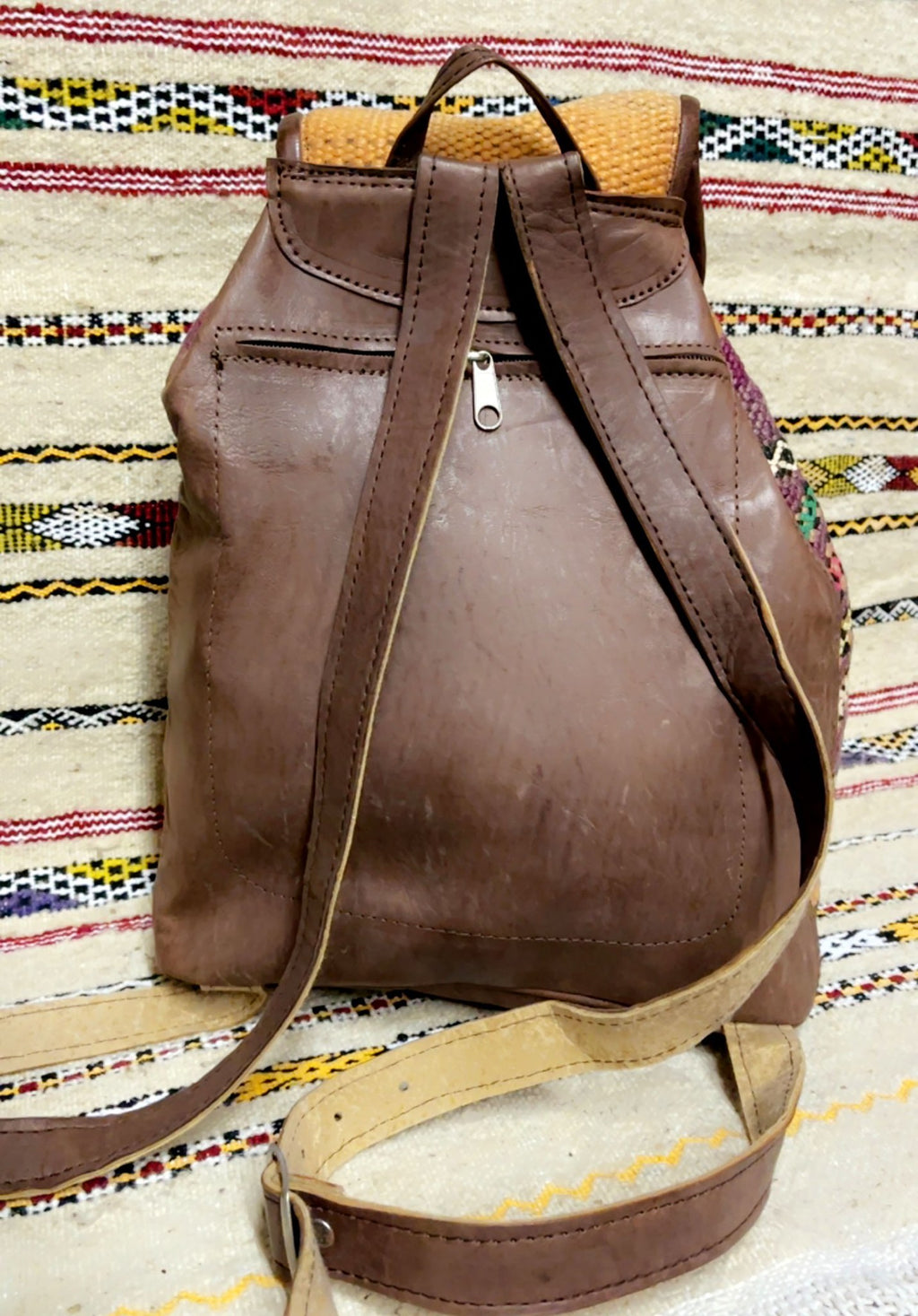 Moroccan Leather Backpack with Purple Kilim