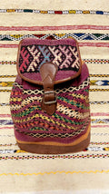 Moroccan Leather Backpack with Purple Kilim