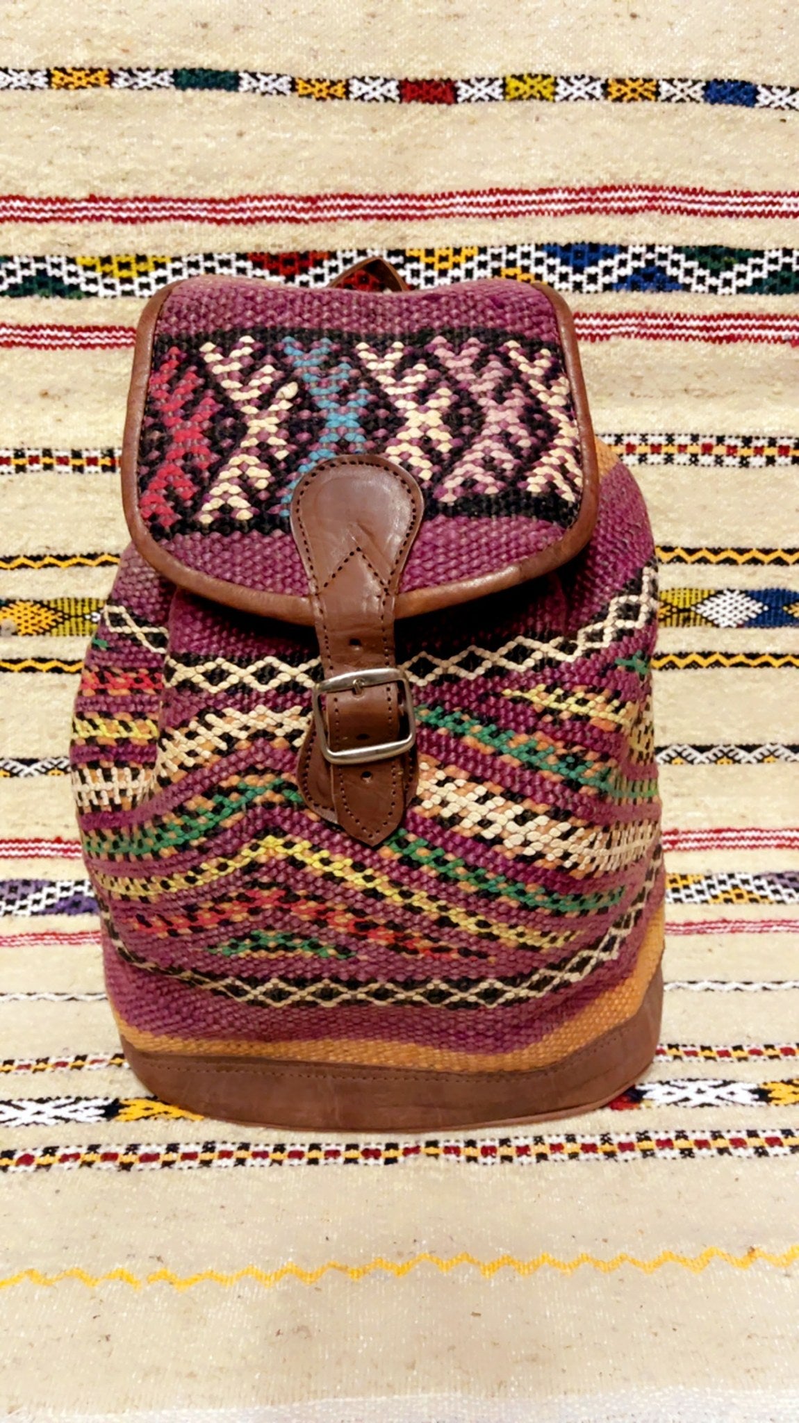 Moroccan Leather Backpack with Purple Kilim