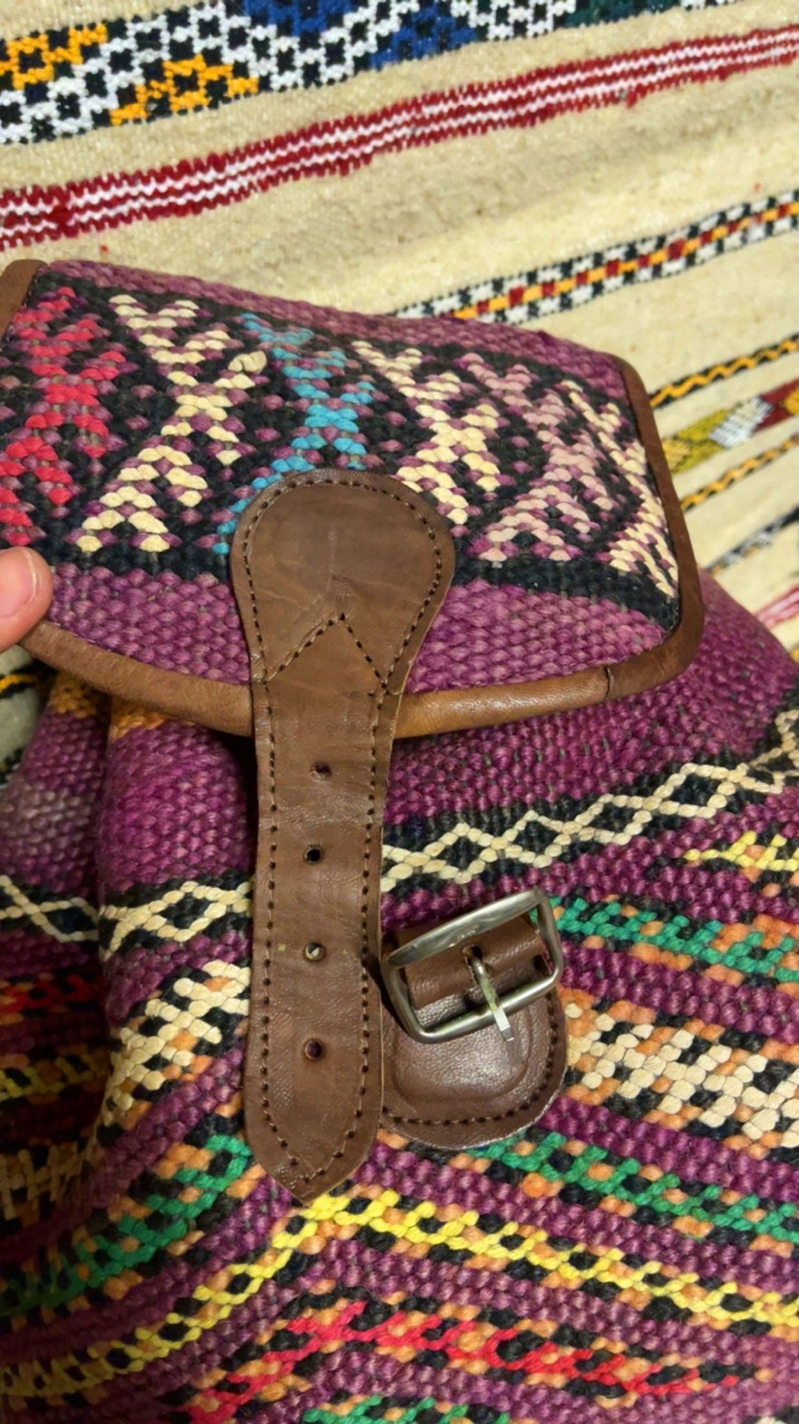 Moroccan Leather Backpack with Purple Kilim