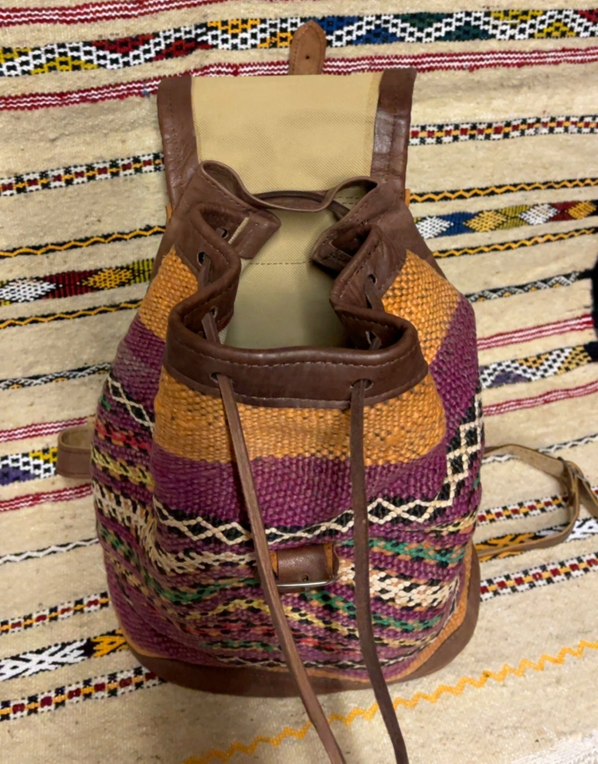 Moroccan Leather Backpack with Purple Kilim