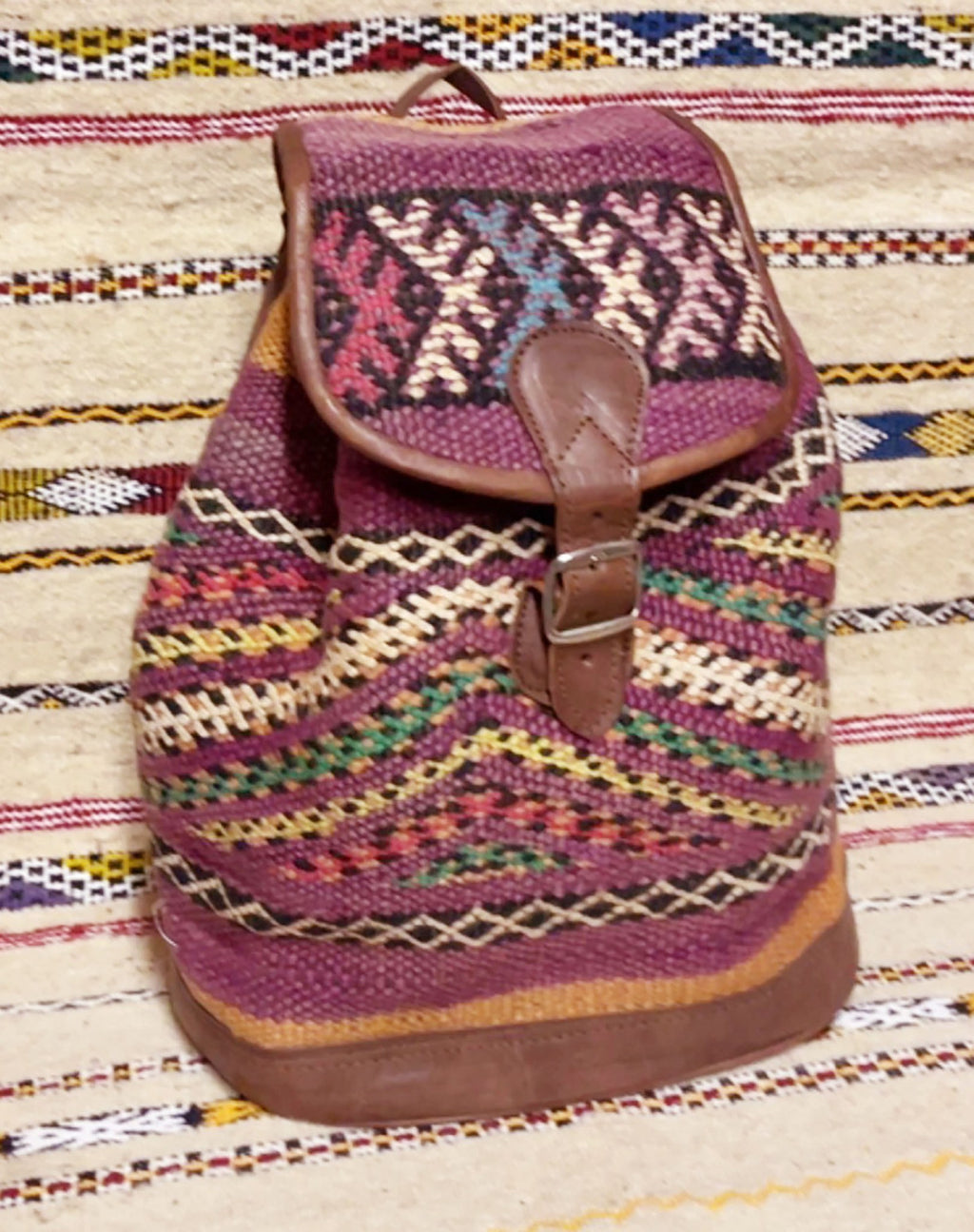 Moroccan Leather Backpack with Purple Kilim