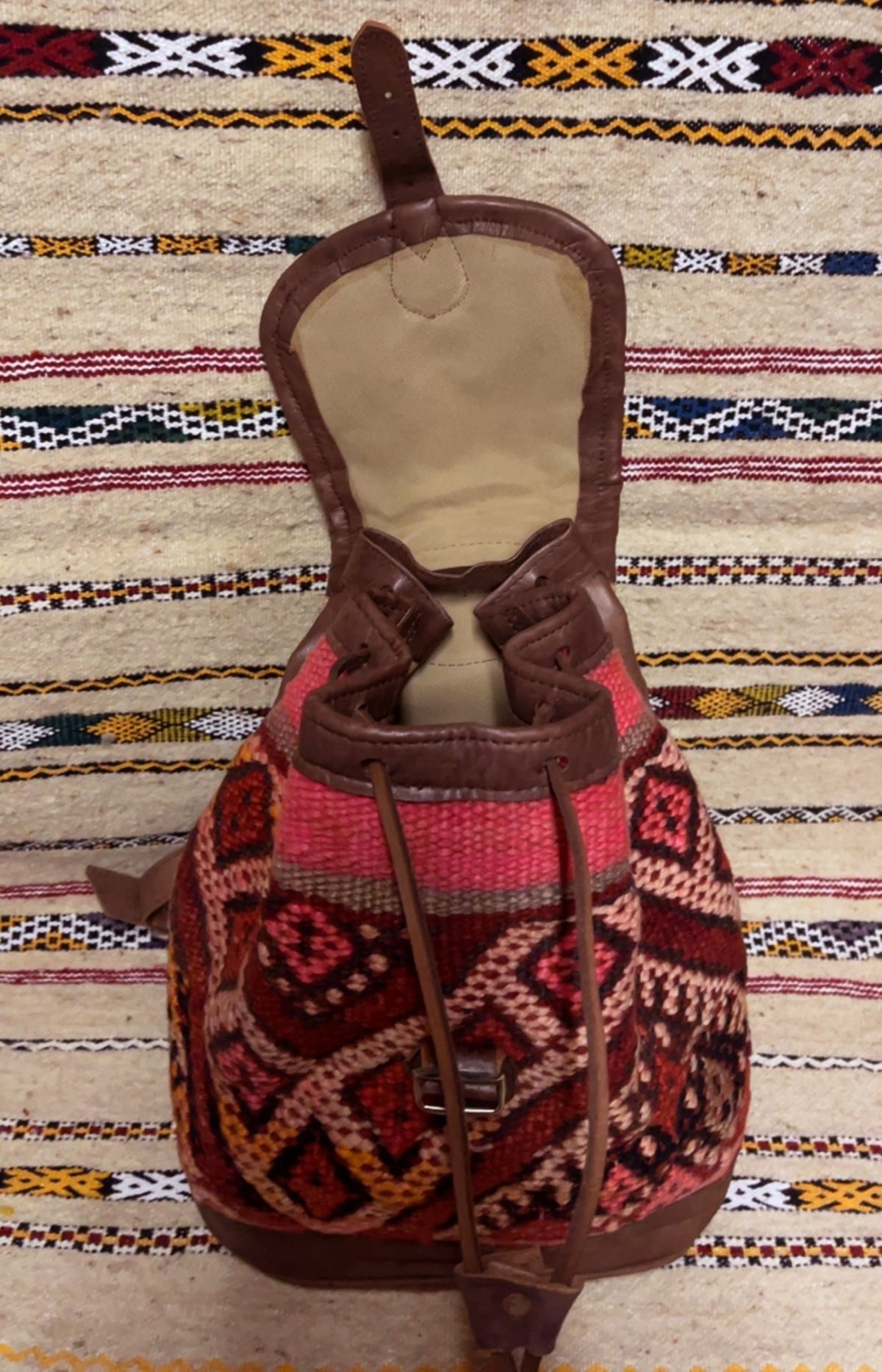 Moroccan Leather Backpack with Red Kilim