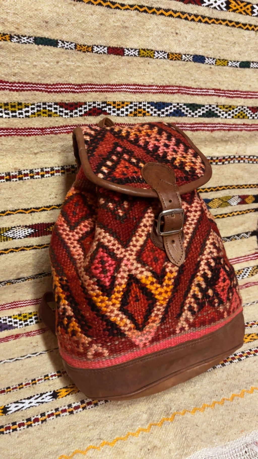 Moroccan Leather Backpack with Red Kilim